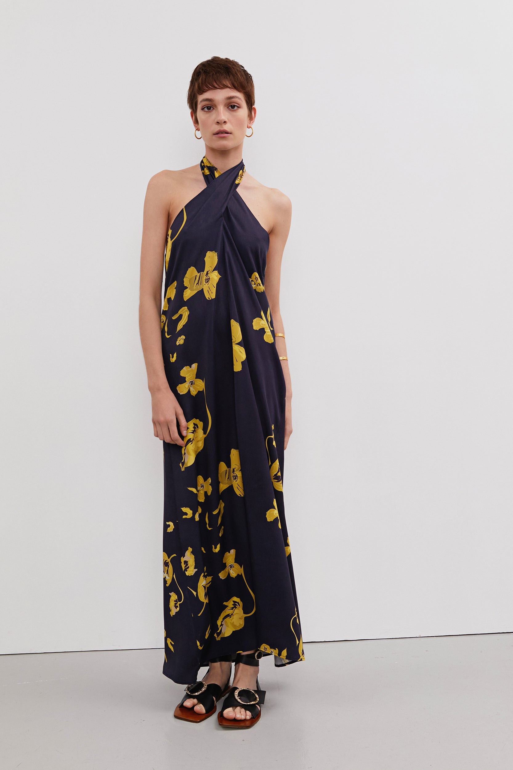 Vestido Ella Marino flor Amarilla