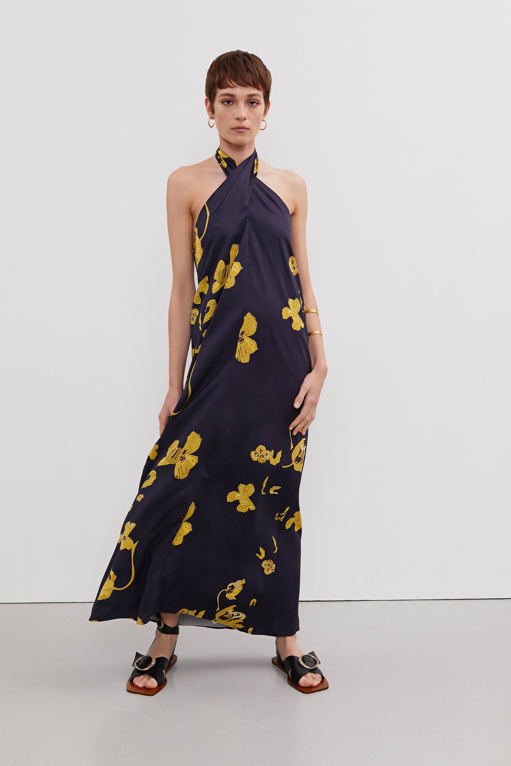 Vestido Ella Marino flor Amarilla